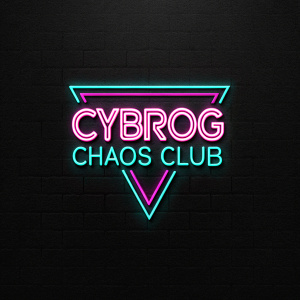 Cybrog Chaos Club logo, bold and sleek design. Text CYBORG CHAOS CLUB in vibrant neon colors against black backdrop