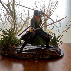 Roronoa Zoro, One Piece anime action figure, dynamic battle pose with multiple swords. Shiny black base, plain white backdrop