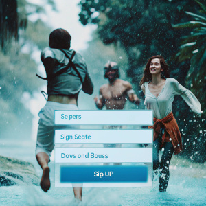 A promotional landing page for JackpotCity Casino. It features a vibrant, animated interface with characters in motion. The page includes a sign-up and deposit bonus option, using a dark color scheme with bold accent colors.