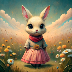 small bunny in a 
 pink dress + field