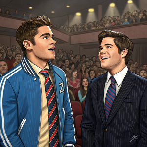 Zac Efron and Adam Devine at a comedy show. Both in suits, Zac in a blue jacket and striped tie, Adam in a dark pinstriped suit. Crowded auditorium background.