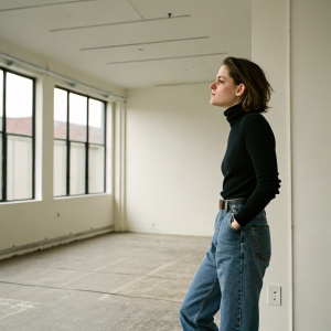 Kristen Stewart, looking contemplative. She's in a casual outfit: black turtleneck, denim jeans. Stands alone in an empty room.