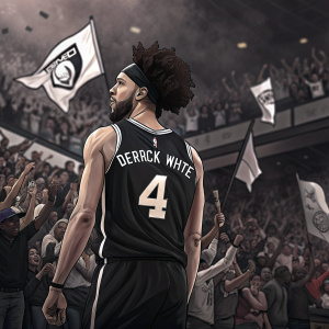 Derrick White, wearing black jersey with team logo and number 4, in a packed arena. Crowd cheering in background.
