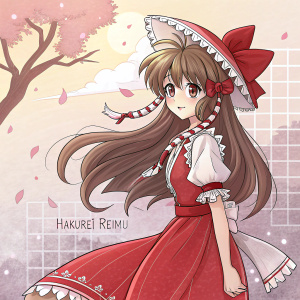 Hakurei Reimu from Touhou Project, anime illustration. Long hair, red dress, traditional and fantasy elements. Spanish text, soft background, grid format