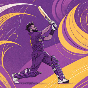 Illustration of Virat Kohli playing cricket. Stylized art, purple and yellow color palette, abstract background