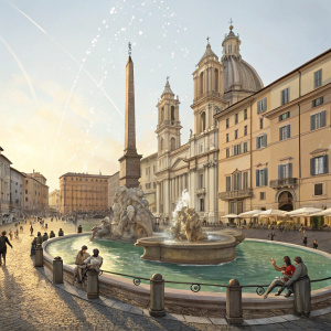 An animated scene of Piazza Navona in Rome, Italy. The fountain comes to life, with moving statues that resemble people. Water sparkles in the sunlight.