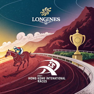 Digital event flyer for 2021 Longines Hong Kong International Races. Earth-centric background, English and Chinese text, trophy icon