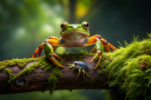 Frog-crab, an hybrid animal with the rear legs and body of a colorful tree frog while having the powerful PINCHES of a CRAB, It is featured posing on a dead tree covered in moss in the penumbra of the lush jungle. Wildlife type of photography, detailed image, dynamic composition, off-center subject, low key photography, in the style of Miki Asai and Paul Barson, wildlife photography, photo