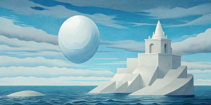 White illustration, René Magritte style, surrealism  aesthetics, architecture,  ocean, white, gain paper, --aspect 4:1