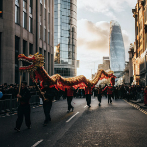 A stunning photo of a Chinese dragon float parading through the streets of London during the Chinese New Year Festival. The float, decorated with vibrant red and gold colors, is moving energetically. Behind it, modern skyscrapers and a bustling crowd of spectators create a lively backdrop.