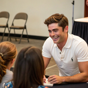 Zac Efron at a casual meet and greet. Wearing a white polo shirt, smiling warmly.