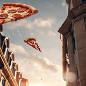 Telepizza Colombia's promotional image. A pizza flying through a bright, sunny sky with playful cloud formations.