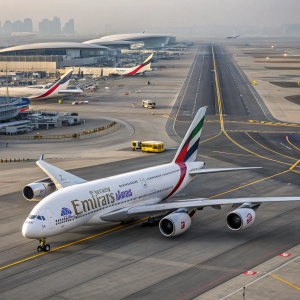 An Emirates A380, gleaming silver and royal purple livery, taxiing through the bustling airport tarmac.