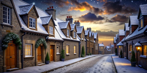 Street of a Victorian city. Winter, white fluffy snow lies on the pavement. Midnight, very dark, stars and clouds in the sky. Stone houses with red tiled roofs, wooden window frames, wooden doors. The windows are lit from the inside with dim, weak light. Christmas decorations and garlands on the windows and doors. A number plate on each door. People in winter clothes walking afar.