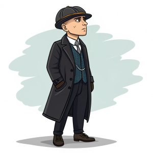 Cartoon depiction of Tommy Shelby from Peaky Blinders, standing on a plain background. Wearing dark suit, signature fedora hat, and leather gloves.