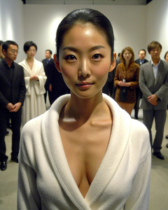 1girl, 20-year-old Korean actress Clara Lee Sung-min, bun hair style, wearing a white bathrobe without tying it, art show: 1.2, collarbone, looking at the audience, ((turbulent)), ((perfect body proportions)), (panorama: 1.3), beautiful and mature, wide-angle lens, grin, deep shadows, Emily Soto, <lora:DetailedEyes_xl_V2:1>, <lora:neg4all_bdsqlsz_xl_V7:1>, (super delicate oval face)), ((beautiful eyes with long eyelashes, ( (Real image quality)),((Leica RAW photo)),24k,((Fidelity:1.2)), ((Really