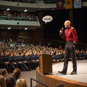 Captain Jean-Luc Picard giving a motivational speech at Starfleet Academy, his speech bubble reads 'Engage'. The auditorium is filled with cadets and officers.