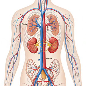 Anatomical diagram highlighting the abdominal region with a focus on the vascular network. Depicts kidney, arteries, veins, and minor structures in vibrant colors for clarity.