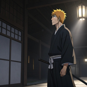 Ichigo Kurosaki, standing in a dimly lit room, clutching his Zanpakuto. Solemn expression