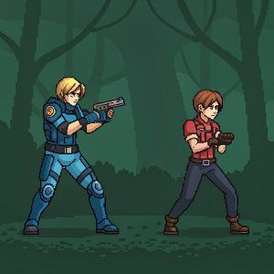 Pixel art inspired by Capcom's survival horror game Resident Evil. Left character blonde hair, blue armor. Right character brown hair, red shirt. Dark green background. Both in combat-ready stances.