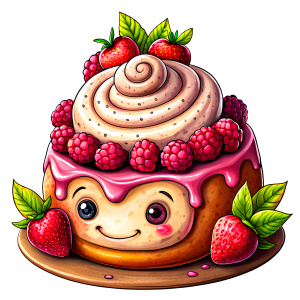 cinnamon bun character white character with raspberries white background