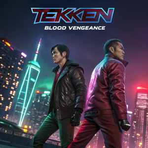 DVD cover for Tekken: Blood Vengeance. Characters positioned against a neon-lit cityscape backdrop.