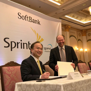 Masayoshi Son and Dan Hesse at the signing ceremony, smiling. Large banner with SoftBank and Sprint logos visible in background. Luxurious conference room setting.