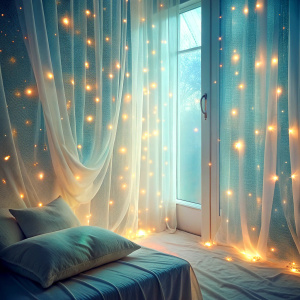 close real retro light pastel bedroom bed window curtain books  The ultra mini Bioluminescent phenomenon ultra white glitter   Amazing light reflections shimmering light reflections
