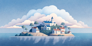 White illustration, Rene magritte style, isolated surrealistic collage of a lot of old Australian houses and trees on island, huge ocean and big sky, light pastel colors, asymmetrical composition, zoom out view, grainy texturing paper