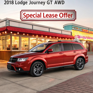2018 Dodge Journey GT AWD SUV in a vibrant commercial setting. Sporty and sleek design, advertised with special lease offer.