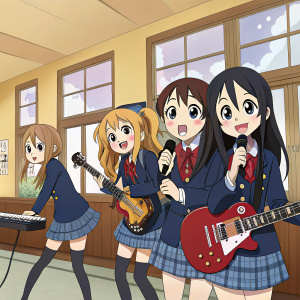 Illustration of Mio, Ritsu, Tsumugi, Azusa, and Mugi from K-On! Digital art, anime style, vibrant color palette.