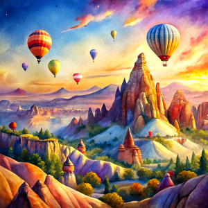 Draw a landscape in Cappadocia decorated with hot air balloons. Fairy chimneys, colorful balloons and mountain silhouettes in the foreground.