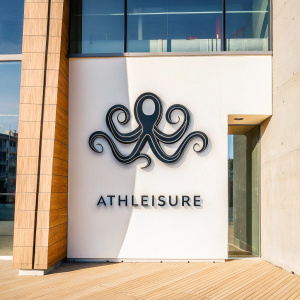 An abstract logo featuring a dynamic octopus rendered in sleek black lines on a clean white backdrop. Beneath the octopus, the word 'ATHLEISURE' is displayed in a contemporary sans-serif font.