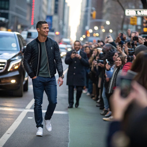 Cristiano Ronaldo, in casual attire, walking through busy city streets. People gathered, excited
