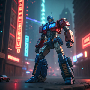 High-tech 3D render of Optimus Prime toy, dynamic pose. Futuristic design with sleek lines, blue and red accents. Neon-lit cityscape background
