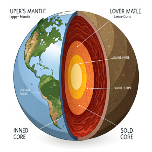 Detailed illustration of Earth's layers: crust, upper mantle, lower mantle, liquid outer core, and solid inner core.
