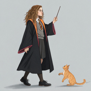 Digital artwork showcasing Emma Watson as Hermione Granger. Curly hair, Hogwarts robes, holding wand. Orange cat at her feet. Minimalist gray background.