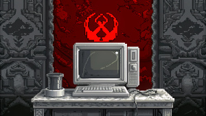 old pc on desktop in ussr bunker pixel art