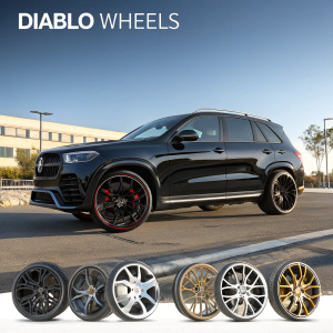 Advertisement for Diablo Wheels, featuring luxury car rims. A sleek black SUV with a variety of rim styles and finishes showcased. Website includes a navigation bar, gallery, and product details section.