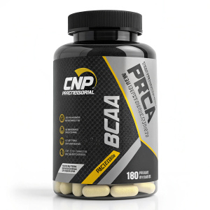 CNP Professional Pro BCAA supplement bottle. Black label with gray and yellow highlights. 180 tablets inside. Product packaging close-up.