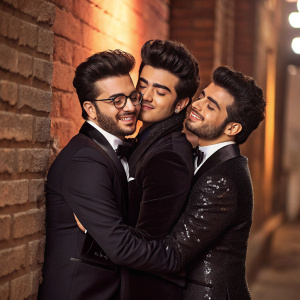 Piero Barone, Gianluca Ginoble, and Ignazio Boschetto, members of Il Volo, in a promotional photo. They are hugging, dressed in formal attire. The backdrop is a brick wall with a soft, warm glow