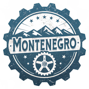 A rugged logo design for Montenegro. The word 'Montenegro' rendered in a distressed, industrial font within a circular emblem. The predominant color is a deep, textured shade of blue, giving it a grungy aesthetic.