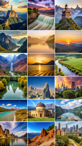 collage or a panorama of various landscapes traveled