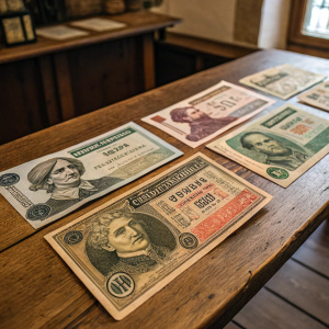 Vintage photo of assorted German banknotes. Displayed on rustic wooden table