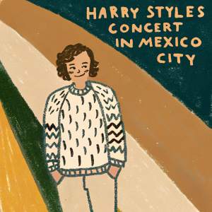 Promotional poster for Harry Styles' concert in Mexico City. The poster features Harry Styles, a Caucasian man with a cheerful expression, short wavy hair, and a patterned white sweater. The background is a gradient of blues and purples, creating a dynamic and modern layout.