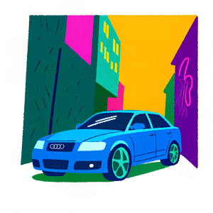 Illustration of a blue Audi RS4 parked in a dimly lit alley. Neon signs and graffiti on the walls.