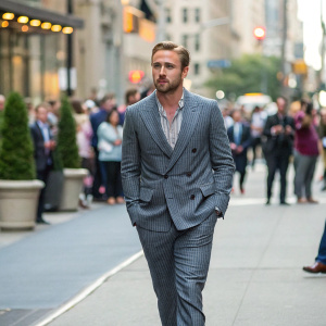 Ryan Gosling, wearing a stylish grey pinstripe suit, walking confidently on a bustling city street. Crowds visible in the background