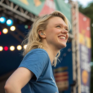 Kate McKinnon, blonde actress, in casual blue t-shirt. Smiling widely. Festival stage background