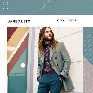 Jared Leto's professional portfolio page. Stylish outfit and long hair. 'Citylights' section. Modern design with muted colors and accent hues. Client board and text elements.