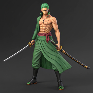 3D render of Zoro from One Piece. Muscular build, green outfit, scar on chest, playful menace. Confident stance with weapons. Dark grey backdrop